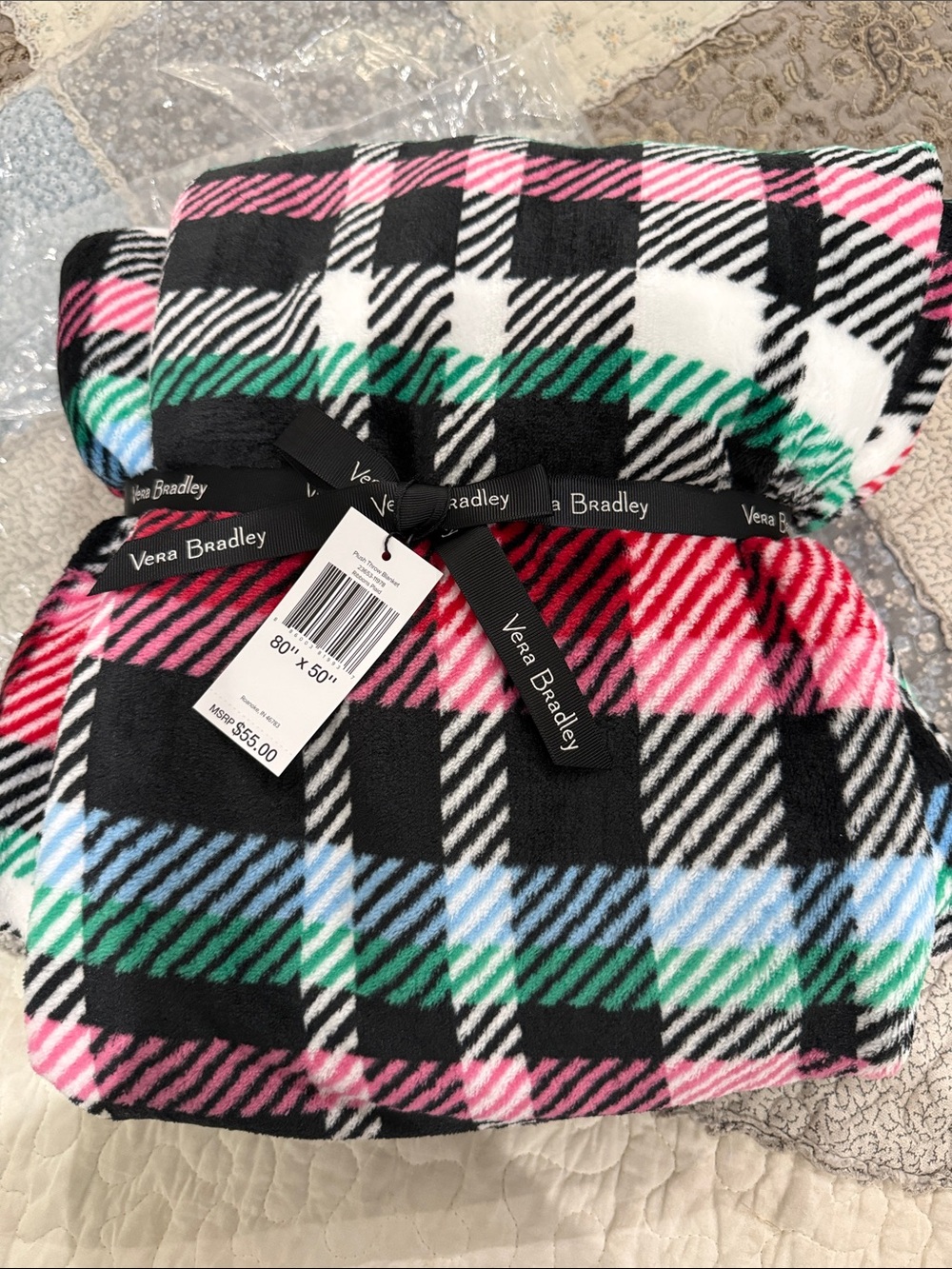 Vera Bradley Black Plaid Fleece Throw with Pink, Green & Blue Accents NWT